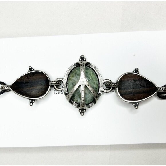 LUCKY BRAND Silver Tone Brass Wood Glass Peace Sign Cabochon 7" Toggle Bracelet - Picture 3 of 5